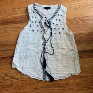 Blue Embroidered Tassel Tank Top
